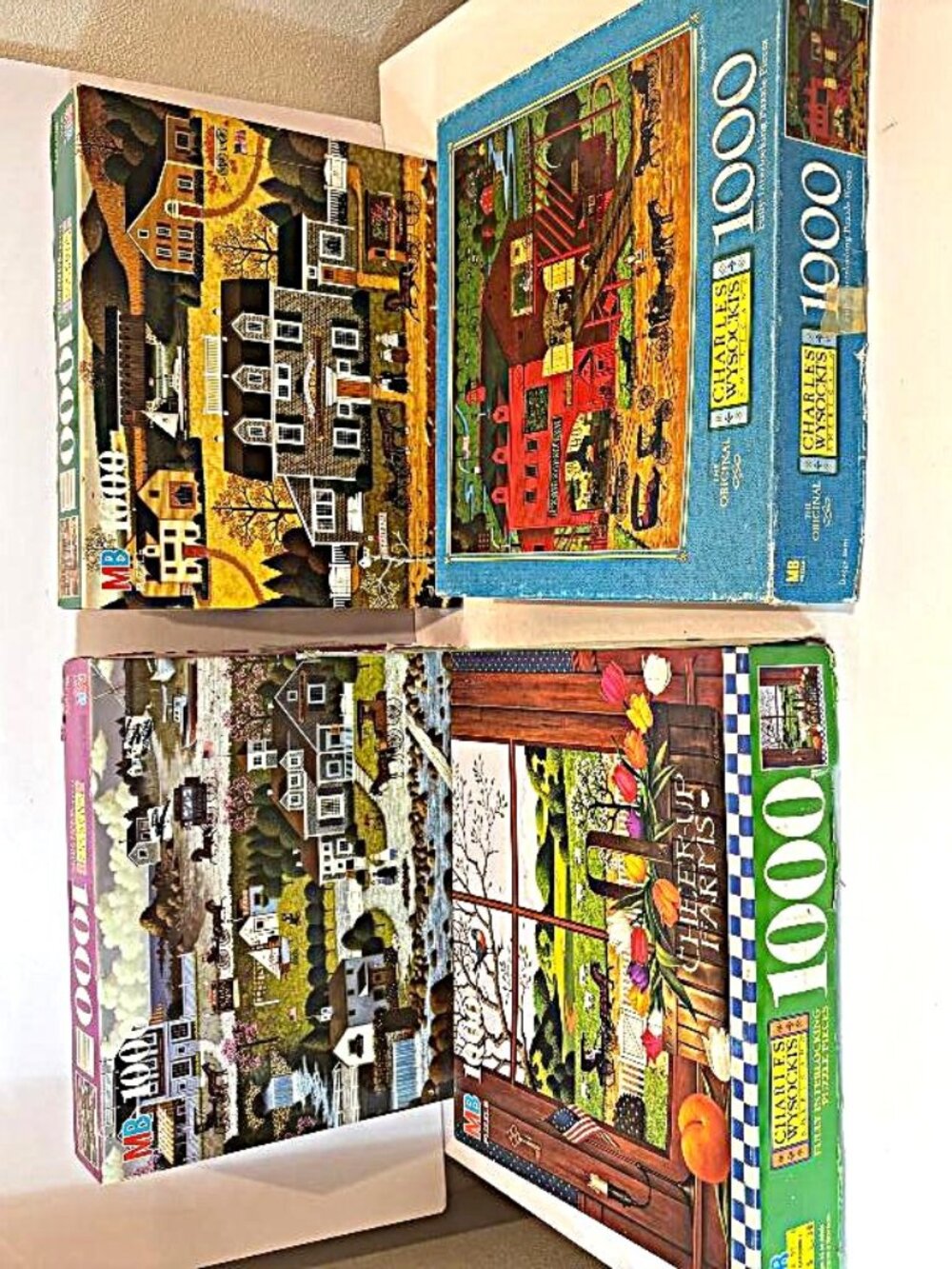 Set of 4 Vintage MB Charles Wysocki Americana 1000 pc puzzles - Amish theme